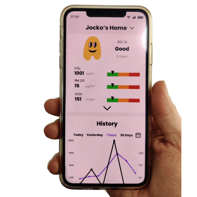 Smartphone app interface for Happier Air monitor