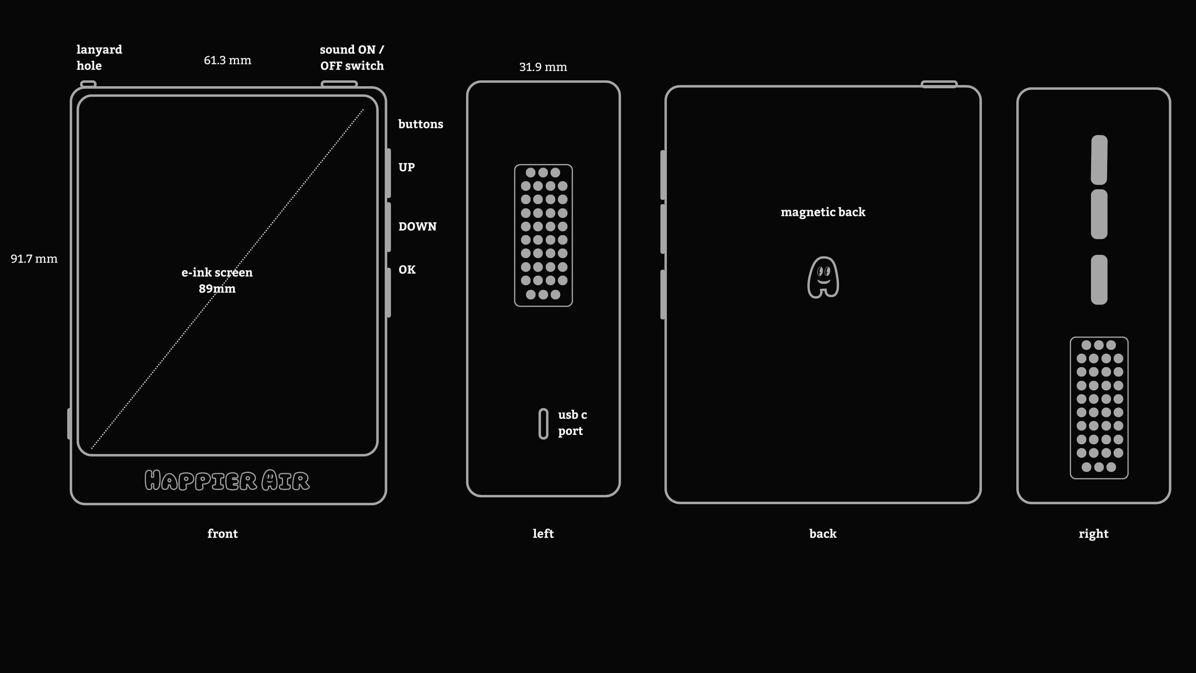 blueprint of Happier Air monitor dimensions and specifications